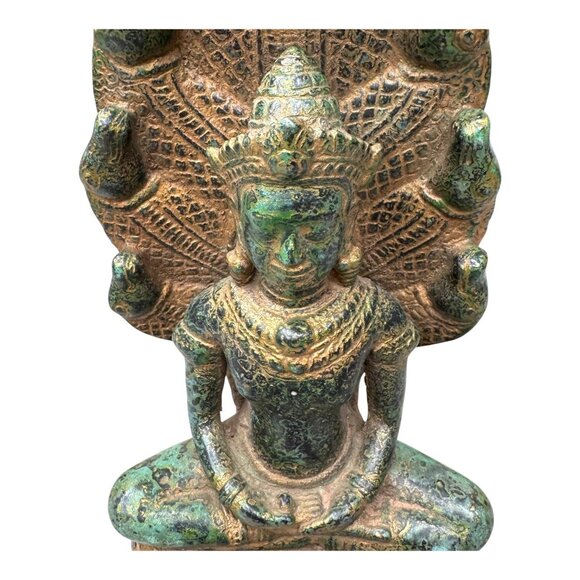 Cambodian Bronze Naga Buddha: Saturday's Serpent Guardian Dhayan Mudra 10" Vtg - Picture 9 of 9